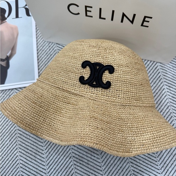 Celine Tan Crochet Hat with Black Emblem - Picture 1 of 3